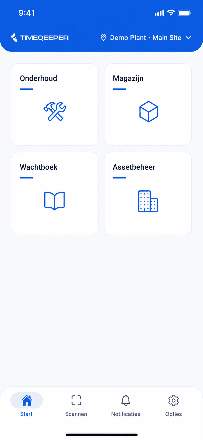 TimeQeeper Pocket-startscherm met onder meer de modules Onderhoud, Magazijn, Wachtboek en Assetbeheer